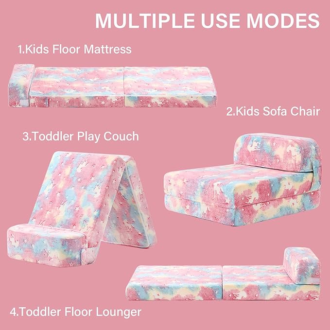 Tiita Folding Sofa Bed for Kids, Toddler Fold Out Couch Bed with Removable Cover, Kids Futon Sleeper Chair Folding Bed Mattress for Kids Room, Living Room, Guest Room,Colorful