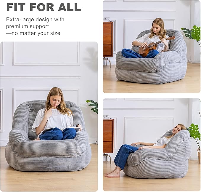 Giant Bean Bag Chair with Armrests - Oversized Cozy Seating for Adults, Corduroy Fabric & High - Density Foam Filling, Ideal Lounge for Living Room, Bedroom & Gaming Room (Grey)