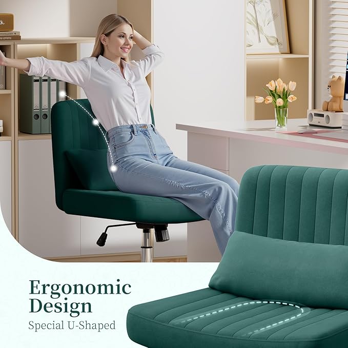 Warmiehomy Criss Cross Office Chair with Wheels, Velvet Cross-Legged Desk Chairs for Home, Armless Height Adjustable Swivel Wide Seat Computer Chair, Morden Vanity Chair for Women, Dark Green