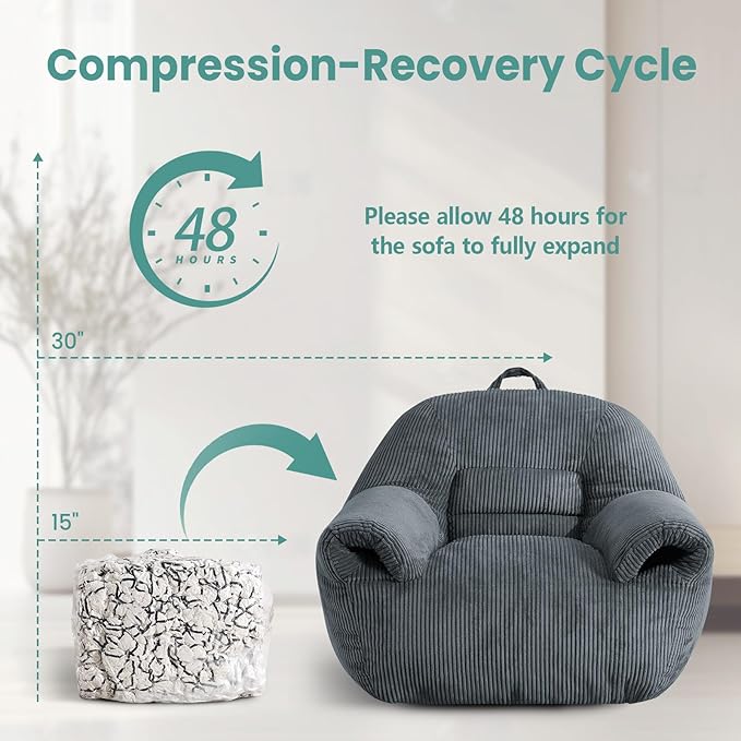 DAICO Bean Bag Chairs for Adults, Giant Bean Bag Chair Comfy Bean Bag Sofa with Handle Corduroy Single Lazy Floor Sofas Accent Chair with Foam for Bedroom Living Room Reading Gaming Grey