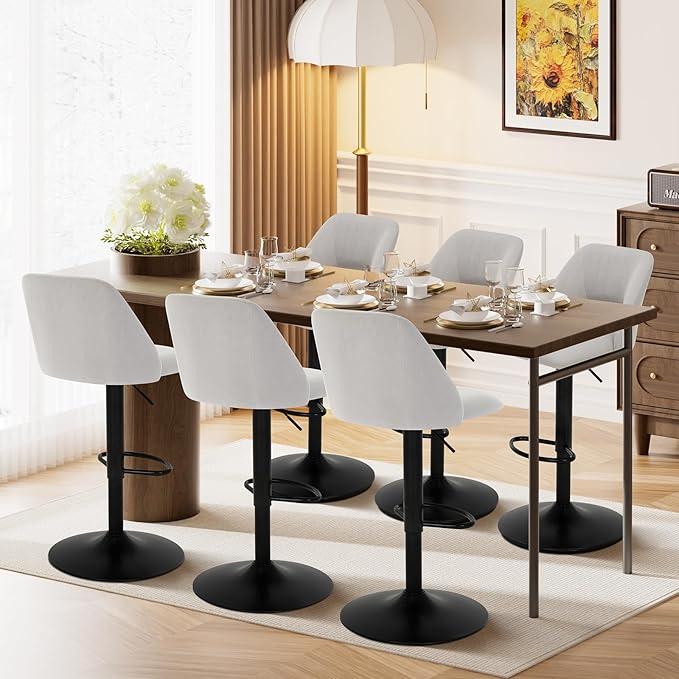 COLAMY Bar Stools Set of 6, Modern Swivel Bar Chairs, Adjustable Upholstered Barstools Counter Height with Full Backrest for Bar, Dining Room, Kitchen Island, Grey