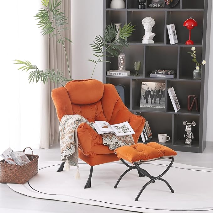 Lazy Chair with Folding Ottoman, Modern Accent Lounge Armchair with Armrests, a Side Pocket & Foldable Footstool, Leisure Reading Chair for Living Room, Bedroom, Dorm & Office, Velvet Orange