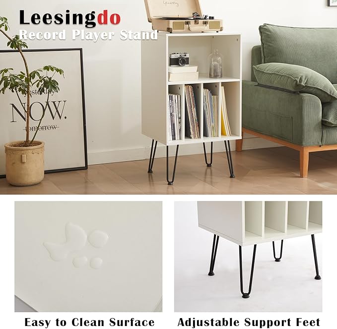 Record Player Stand with Vinyl Storage, Cabinet Holds Up to 150 Albums, End Table for Turntable, Living Room, White