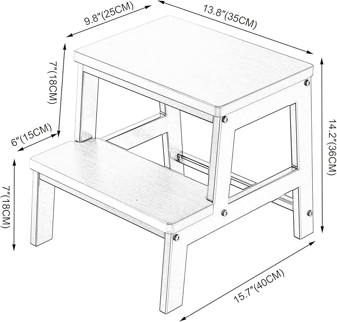 2 Step Wooden Step Stools for Adults Non-Slip, Sturdy Bed Steps for High Beds Easy Assembly, Portable Two Step Stool for Kitchen Bathroom Bedroom - Holds Up to 500 Lb