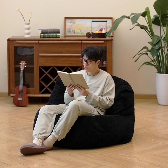 N&V Large Crescent Bean Bag Chair, Adult Size Bean Bag Sack, Foam Filling, Soft Premium Corduroy Bean Bag for Living Room Bedroom Dorm and Office (Black)