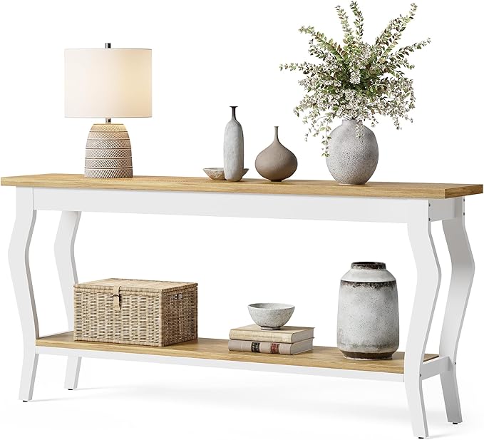 LITTLE TREE 70.9 Inches Long Console Table, 2-Tier Vintage Wooden Sofa Table Behind The Couch with Metal Legs for Hallway, Entryway, Living Room, White & Light Oak
