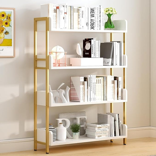 Wide Open Shelf Bookcase - Modern 4-Tier Floor Standing Display Bookshelf with Three-Side Baffles for Home and Office, Storage Shelving in Warm White with Gold Frame