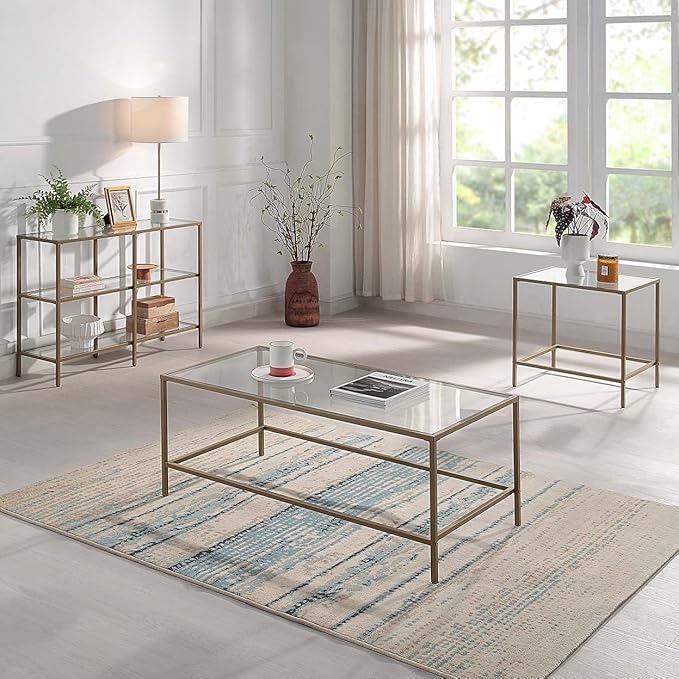 CAWS Gold End Table, Tempered Glass Rectangle Side Table with Stain Gold Metal Frame, Accent Table, Night Stand, Modern Minimalist Table for Living Room, Dining Room, Bedroom, Office or Outdoor