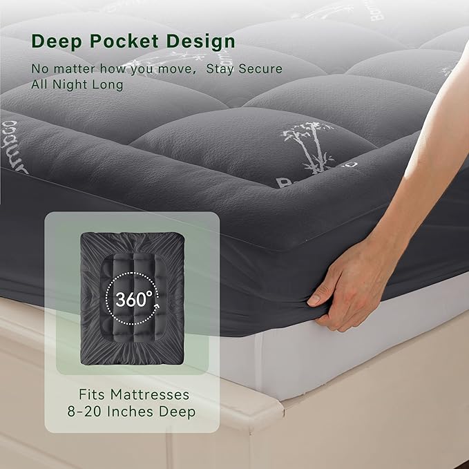 Anluoer Memory Foam Mattress Topper California King, Rayon Derived from Bamboo Pillow Top Mattress Topper for Hot Sleepers,Cooling Mattress Pad with 8-21" Deep Pocket, 72x84 Inches, Dark Grey
