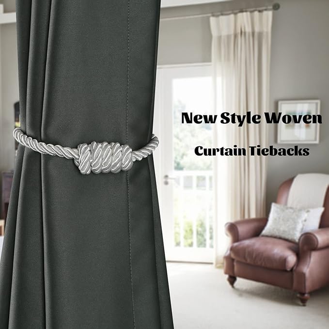 BEL AVENIR Magnetic Curtain Tiebacks, Decorative Drapery Holdbacks Modern Woven Tie-Backs with Exquisite Knot (White, 4 Pack)