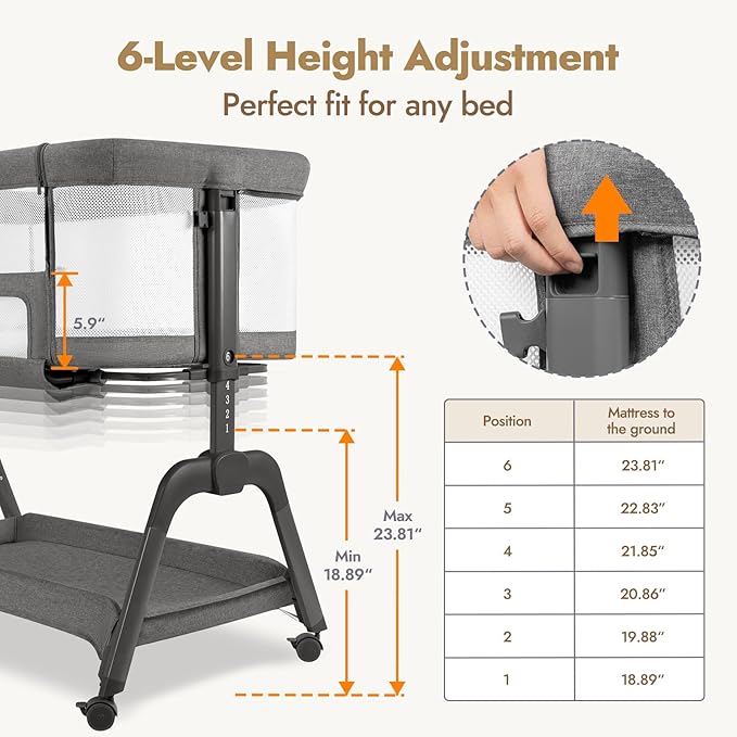Papablic Baby Bassinet, Bedside Bassinet for Baby with Four-Sided Breathable Mesh & Soft Mattress, Adjustable Bassinet Bedside Sleeper with Storage Basket and Wheels, Easy to Assemble, Gray