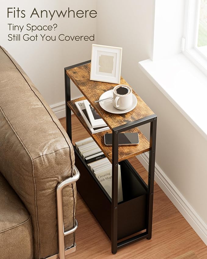 Narrow Side Table End Table, 3-Tier Side Table with Storage Bag, Narrow Nightstand for Small Spaces, Bedside Table for Living Room, Bedroom, Rustic Brown