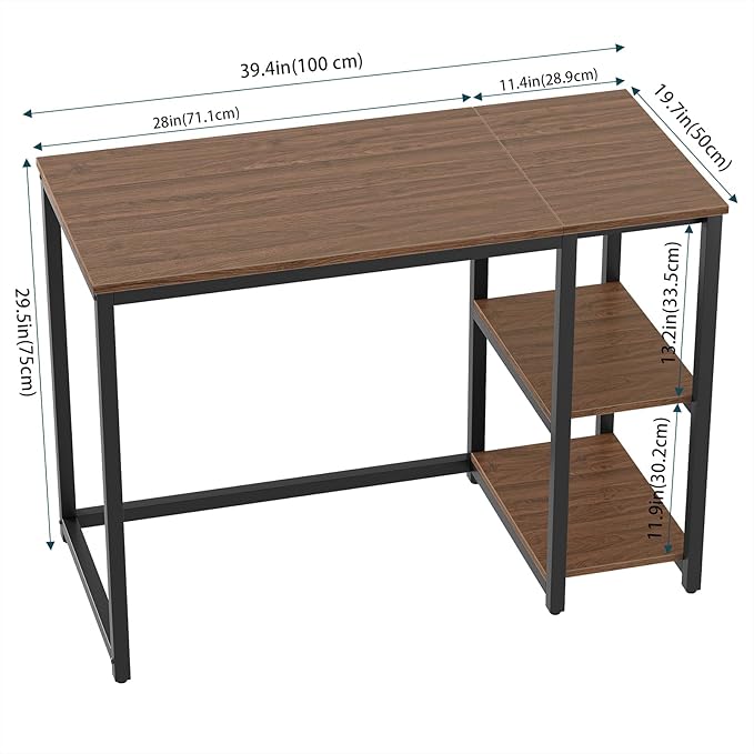 SINPAID 40" Vintage Desk with Shelves, Sturdy Dark Brown Desks with Storage, Rustic Desk Wooden
