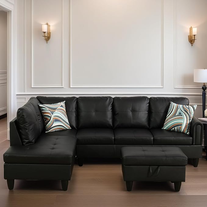 L Shaped Sectional Couches for Living Room, Modular Sectional Sofa with Ottoman Storage, Modern Comfy 4 Seat L Shaped Couch with Chaise for Bedroom Apartment Furniture, Black