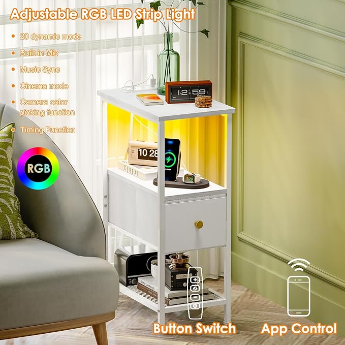 Fixwal Narrow Side Table with Charging Station and LED Light, Skinny Nightstand with 1 Fabric Drawer, Slim End Table for Bedroom, Dorm, Small Space, White