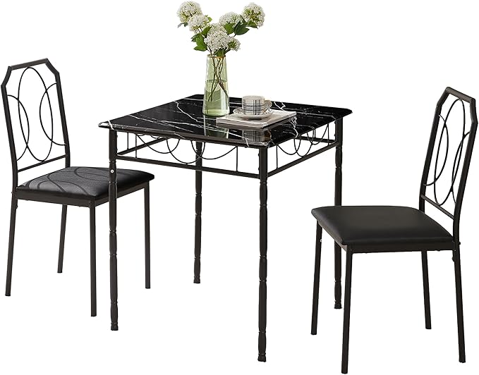 VECELO 3 Piece Dining Table Set for 2, Dinette with Chairs for Kitchen, Breakfast Nook, Small Space,Easy Assembly