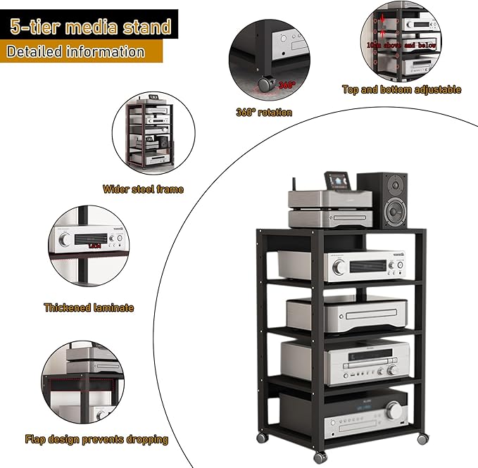 5 Tier Audio Rack Tower, CD Record Player Stereo Receiver AV Equipment Cabinet Display Rack, Weight Capacity 220 lbs, with Adjustable Wooden Shelves for Home (Black-2, 5tier)