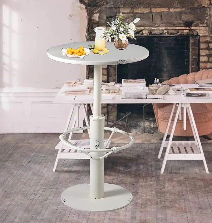 Diwhy Industrial Pub Table 23.6" Iron Round Desktop 37.4" Height Cast Iron Bar Table Antique White