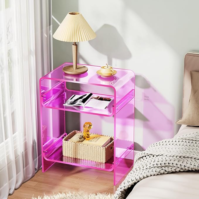 Acrylic Record Player Table with Storage Shelf, Clear Side Table Nightstand (Pink)