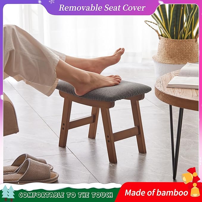 Foot Stool,Ottoman,Bamboo Small Sofa Foot Rest Under Desk,Extra Seating for Living Room, Bedroom and Kitchen (Brown Stool Legs - Gray Surface)