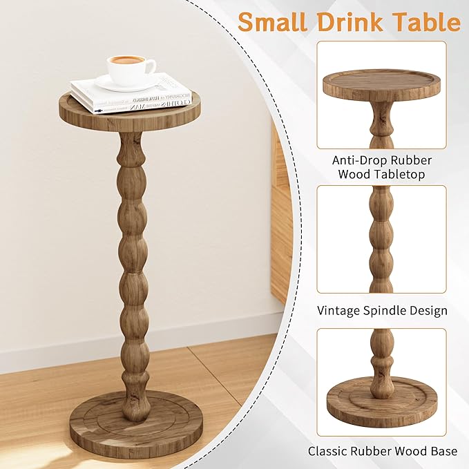 Solid Wood Drink Table, Rubber Wood‌ Small Round Side Table for Small Spaces, Martini Tables, Pedestal End Tables for Living Room, Bedroom, Corners, and Office (Brown, 9.4 inch)