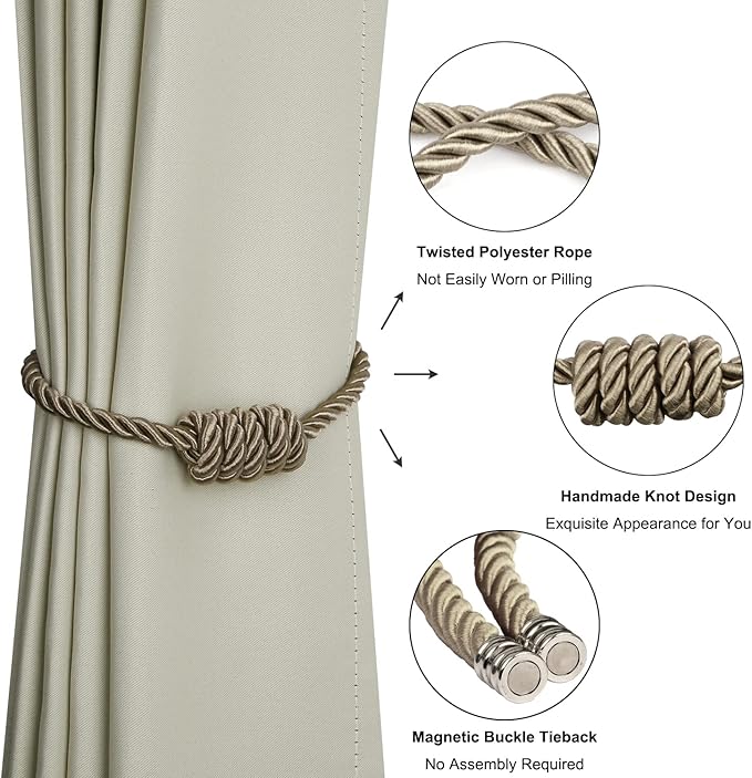 BEL AVENIR Magnetic Curtain Tiebacks, Decorative Drapery Holdbacks Modern Woven Tie-Backs with Exquisite Knot (Flaxen, 2 Pack)