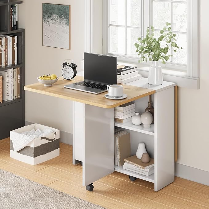 IDEALHOUSE Folding Dining Table, Drop Leaf Table with 6 Wheels and 2-Layer Storage Shelf, Space Saving Dining Table for Small Spaces (Natural Wood, 47.2" D x 23.6" W x 29.5" H)