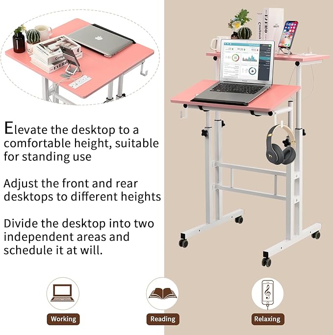 Hadulcet Mobile Standing Desk with Charging Station, Adjustable Standing Computer Desk, Standing Adjustable Laptop Cart with Wheels for Home Office Classroom, Pink