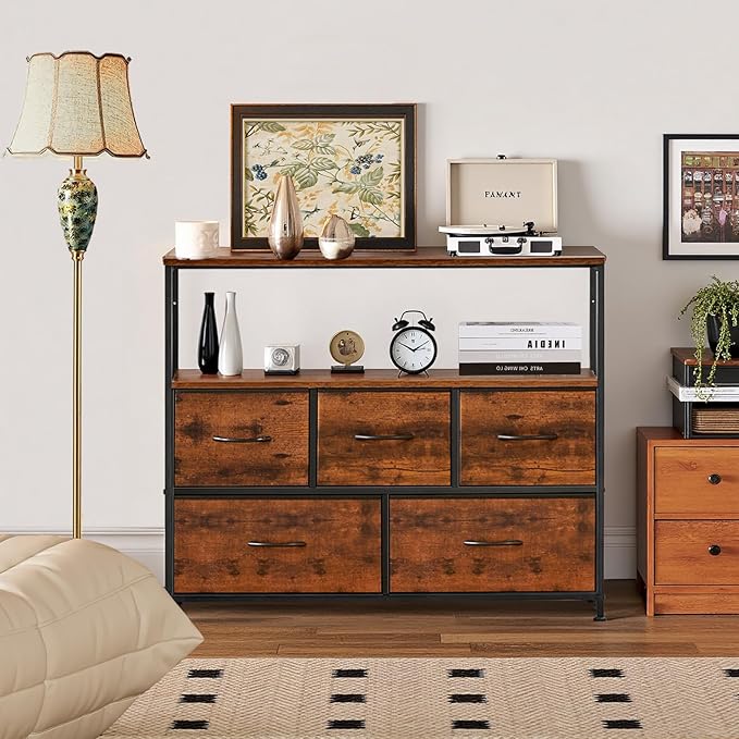 TV Stand, 5 Fabric Drawers Dresser Entertainment Center for TV up to 45 inch Wooden Media Console Table Storage Organizer with Open Shelf, for Living Room, Bedroom, or Small Space, Brown