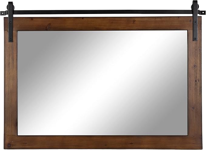 Kate and Laurel Cates Farmhouse Horizontal Wood Framed Wall Mirror; 38 x 27; Walnut Brown; Barn Door-Inspired Decorative Hanging Mirror for Wall Decor