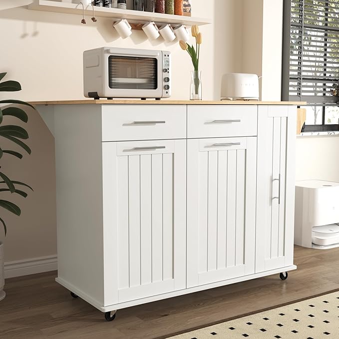 46" Kitchen Island with Drop Leaf,Kitchen Storage Cart W/ 3 Tier Pull Out Cabinet Organizer & Internal Storage Rack,Rolling Kitchen Cart on Wheels W/Towel Rack & 2 Drawers,for Kitchen,White