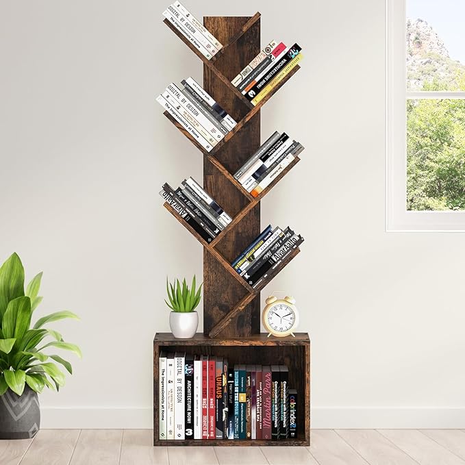 6 Tier Tree Bookshelf, Sturdy Retro Floor Standing Wood Bookcase, Storage Rack for Home Office, Living Room, Bedroom, Reading Spot, Heavy Book Organizer Shelves for CDs/DVDs/Movies