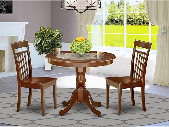 East West Furniture ANCA3-MAH-W 3 Piece Dining Table Set for Small Spaces Contains a Round Kitchen Table with Pedestal and 2 Dining Room Chairs, 36x36 Inch, Mahogany
