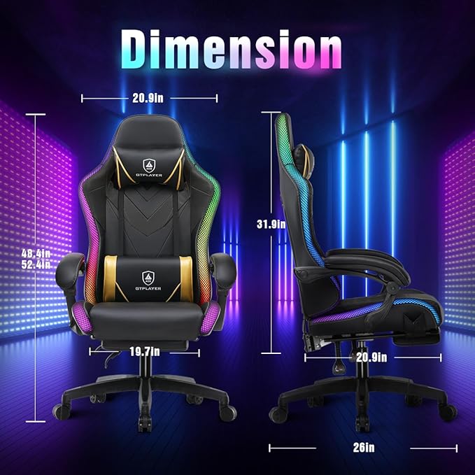 GTPLAYER Gaming Chair, RGB Gaming Chairs with LED Lights, Video Gaming Chair for Adults, Ergonomic Computer Gaming Chair with Linkage Armrest, Reclining Chair with Headrest (Without Massage, Black)