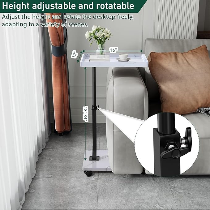 C Table End Table Adjustable Height, 360°Swivel TV Tray Table for Small Spaces, Couch Tables That Slide Under, C Shaped Side Tables Living Room and Bedroom for Sofa, Bed,Chair, Snack (White)