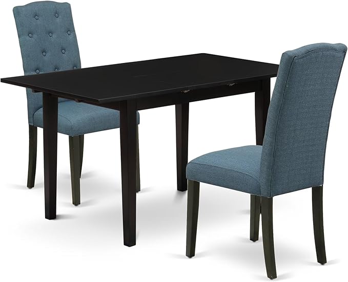 East West Furniture NOCE3-BLK-21 3 Piece Dining Table Set Contains a Rectangle Dining Room Table with Butterfly Leaf and 2 Mineral Blue Linen Fabric Parsons Chairs, 32x54 Inch, Black