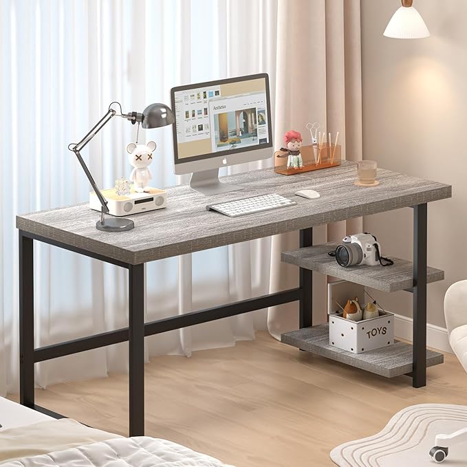 FOLUBAN Computer Desk, Modern Home Office Desk with Shelves, Wood Writing Study Gaming Table for Living Room Bedroom, Light Grey, 53 inch