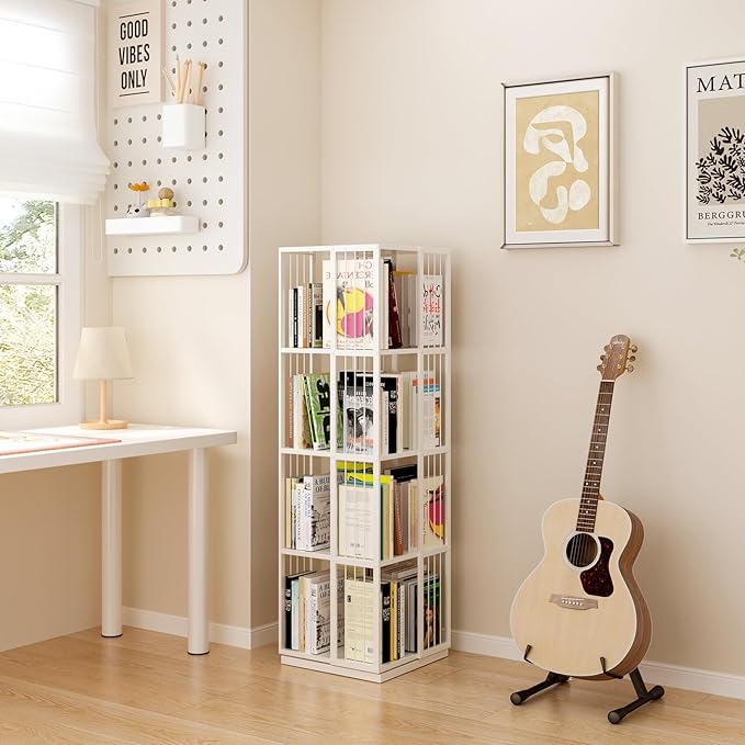 Square Rotating Bookshelf Tower - 360 Spinning Display Corner Bookcase for Narrow Space, Modern 4-Tier Revolving Storage Shelf, White