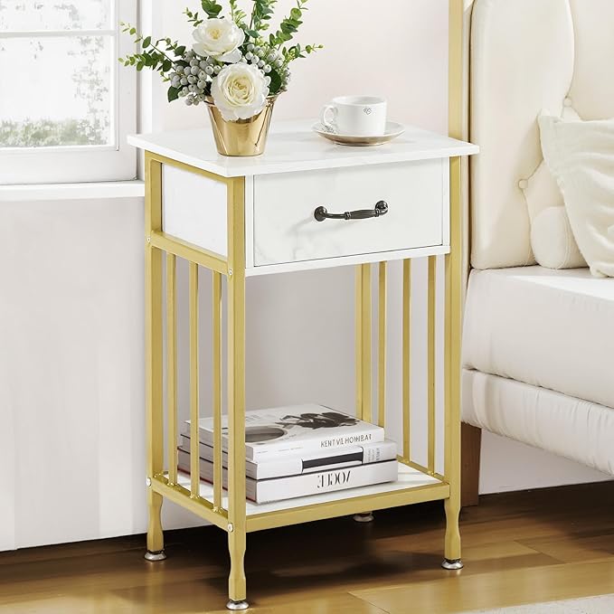 VECELO Nightstands, Industrial Side Table/End Tables with Drawer and Storage Shelf, Night Stands for Bedroom, Living Room, Wood Metal Furniture, Easy Assembly