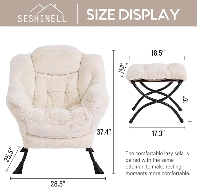 Lazy Chair with Ottoman, Modern Accent Chair Lounge Leisure Sofa Chair with Armrests, Reading Chair and Folding Footstool for Living Room, Bedroom, Office, Plush Beige