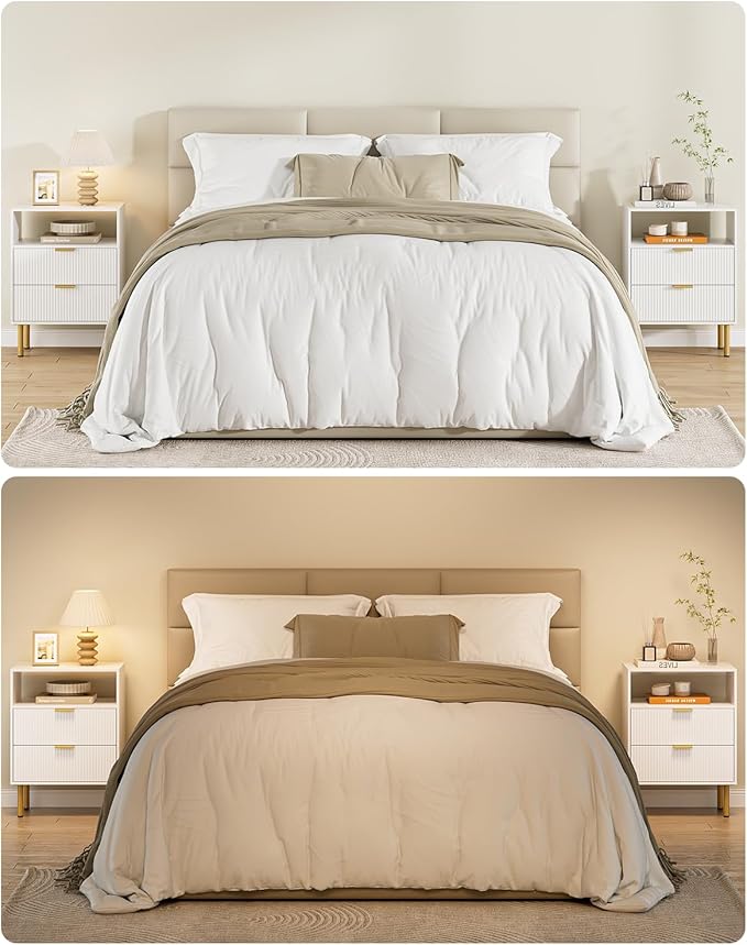 Night Stand,Tall Bedside Table with 3Storage Drawers,White Nightstand,Bedside Furniture,Side Table with Gold Frame,End Table for Bedroom,Living Room (Modern-2drawers 1shelf, White)