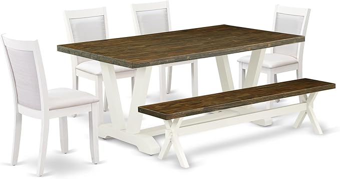 East West Furniture V077MZ001-6 6 Piece Dinette Set Contains a Rectangle Dining Room Table with V-Legs and 4 Cream Linen Fabric Parson Chairs with a Bench, 40x72 Inch, Multi-Color