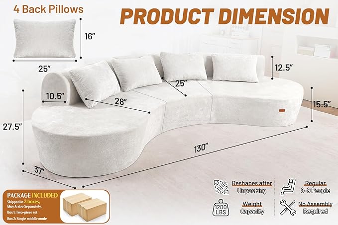 Homguava 130'' Modular Sectional Sofa,Curved Modern Sofa with Memory Foam,Deep Seat Cloud Couch with 4 Pillows,Upholstered Oversized Couches for Living Room Apartment Office,No Assembly Required-Beige