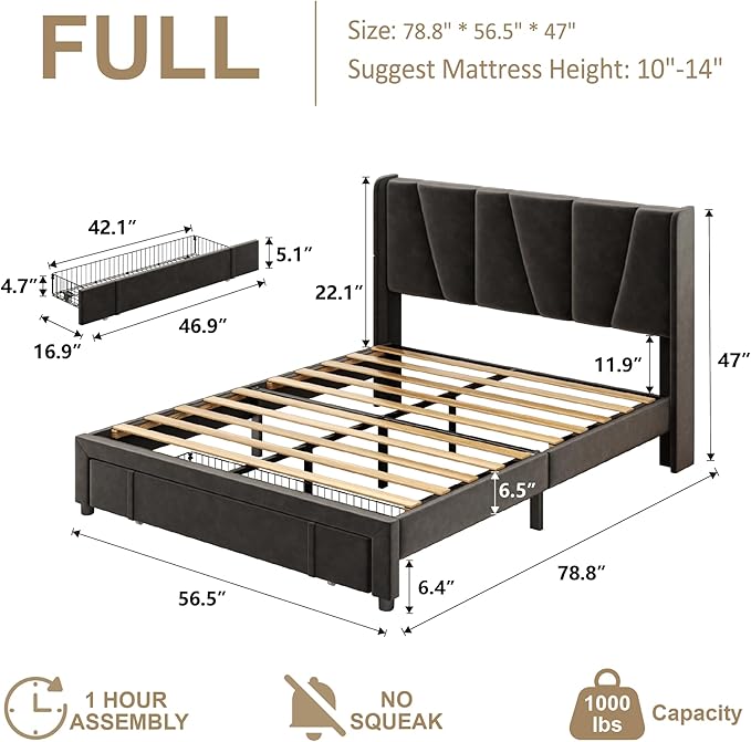 Full Bed Frame with Storage Drawers, Upholstered Platform Bed with Headboard and Wingboard, No Box Spring Needed, Noise Free, Easy Assembly, Wooden Support Slats, Black