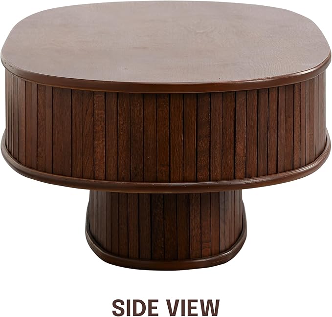 NTC Stream DOU Coffee Table, Modern Double-Layer Oval Wooden Center Table with Vertical Groove Design, Stylish Living Room Decor, Contemporary Minimalist Style, Easy Assembly - Dark Walnut