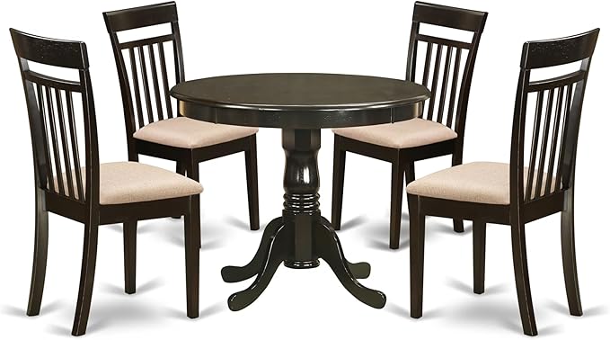 East West Furniture ANCA5-CAP-C 5 Piece Kitchen Table Set for 4 Includes a Round Dining Room Table with Pedestal and 4 Linen Fabric Upholstered Dining Chairs, 36x36 Inch, Cappuccino