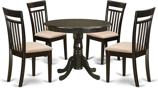 East West Furniture ANCA5-CAP-C 5 Piece Kitchen Table Set for 4 Includes a Round Dining Room Table with Pedestal and 4 Linen Fabric Upholstered Dining Chairs, 36x36 Inch, Cappuccino