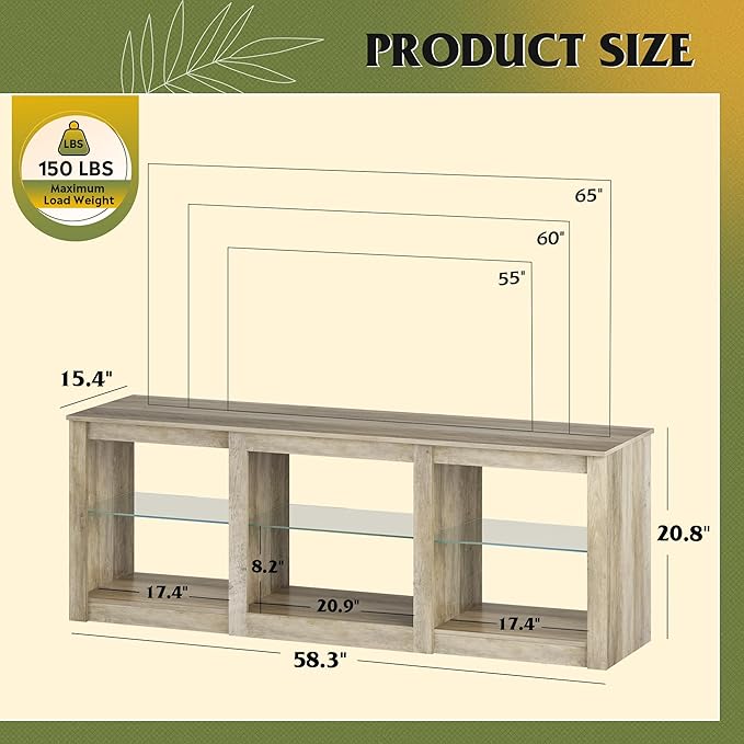 WLIVE LED TV Stand for 65 Inch TV, Modern Entertainment Center with Adjustable Glass Shelves & Customizable LED Lights, Sturdy Media Console for Living Room, Bedroom,Gaming (Gray Oak)