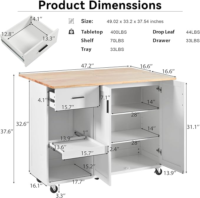 49" Foldable Kitchen Island Cart, White with Slide-Out Shelf, Towel Rack & Drawer, Rolling on Wheels, for Living & Dining Rooms