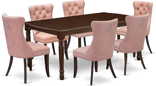 East West Furniture DODA7-MAH-23 7 Piece Kitchen Table Set Includes a Rectangle Dining Table with Butterfly Leaf and 6 Polyester Fabric Upholstered Chairs, 42x78 Inch, Mahogany